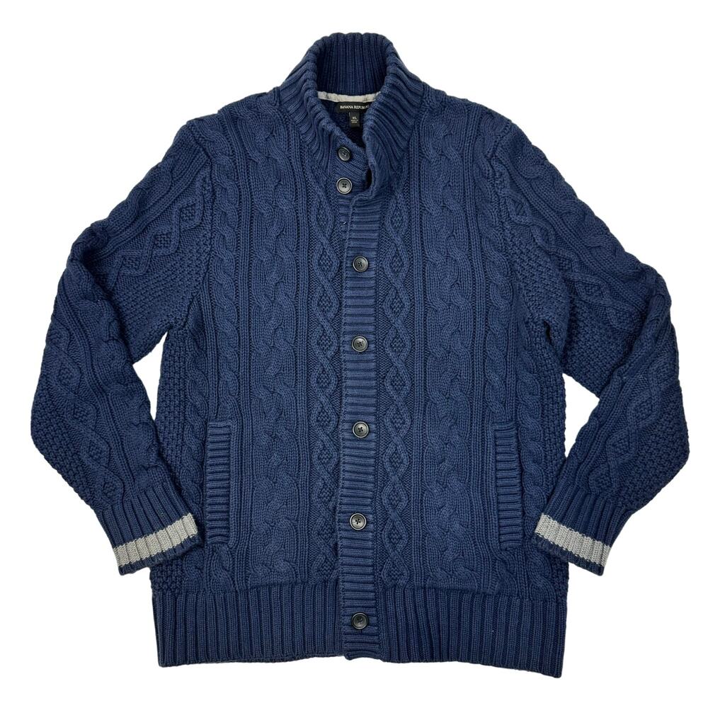Banana Republic Mens Chunky Cable Knit Cardigan Sweater Fisherman Wool Cotton XL